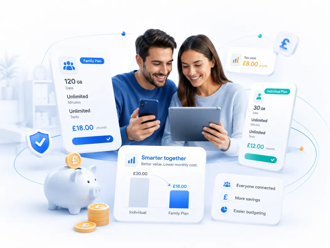 Illustration of a household comparing mobile plan choices