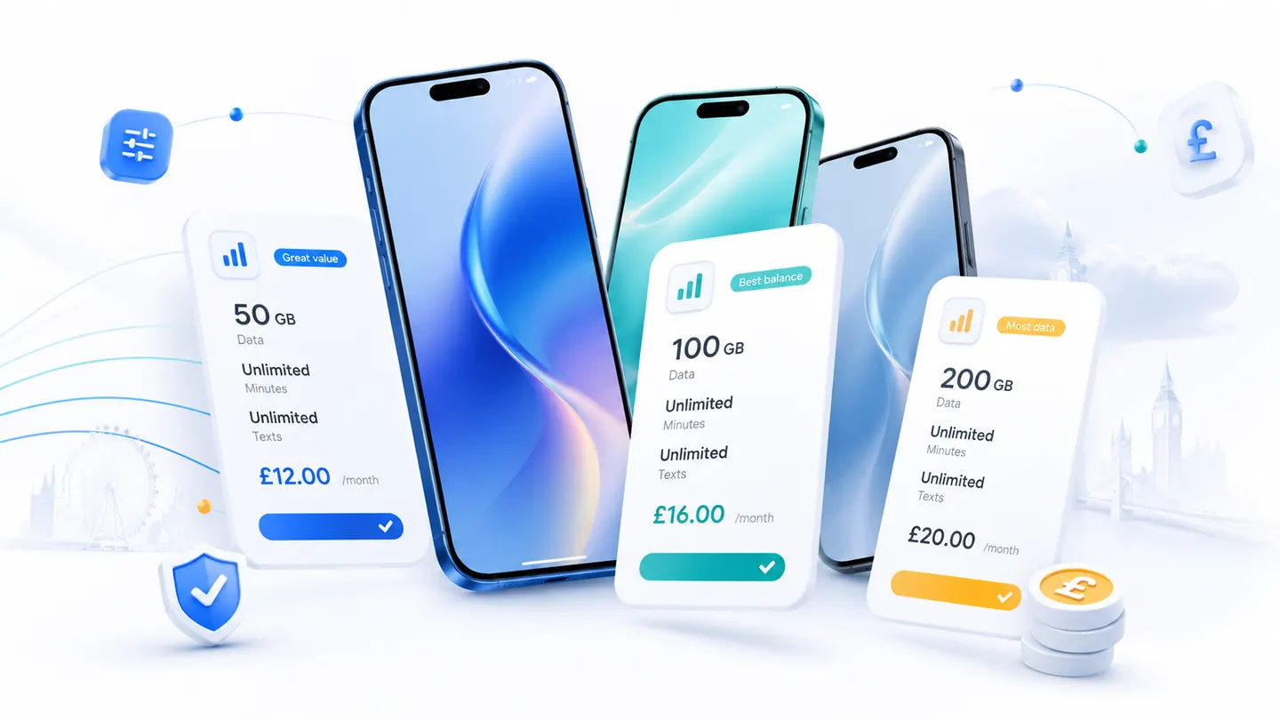 Illustration of unbranded phones and mobile plan comparison cards
